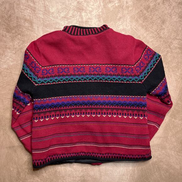 Vintage 90s Floral Embroidered Fair Isles Striped Knit Sweater Zip Up Multicolor - Picture 3 of 5